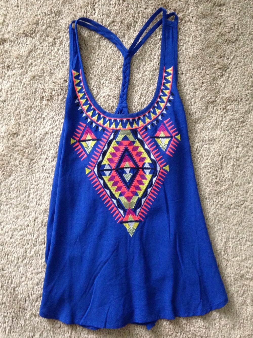 Brightly Embroidered Royal Blue Braided Racerback Sleeveless Tank Blouse